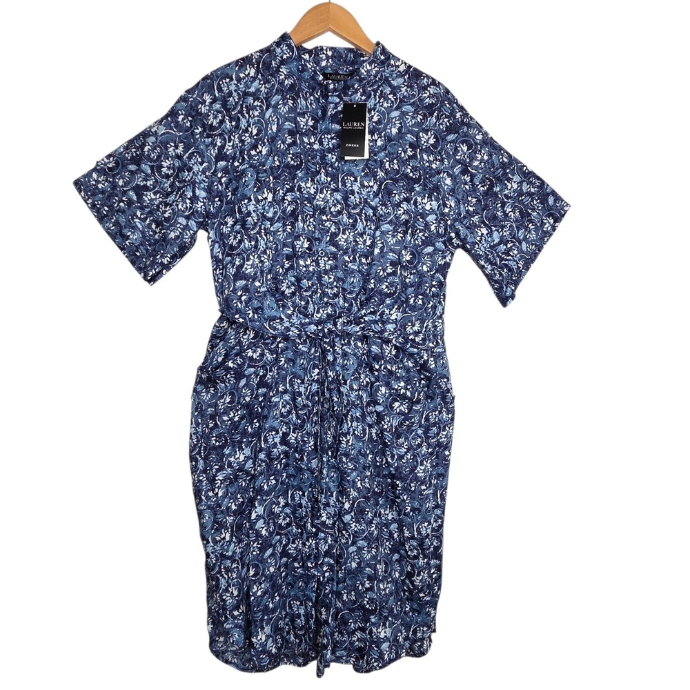 NEW Lauren Ralph Lauren Blue Linen Floral Tie Front Dress 12